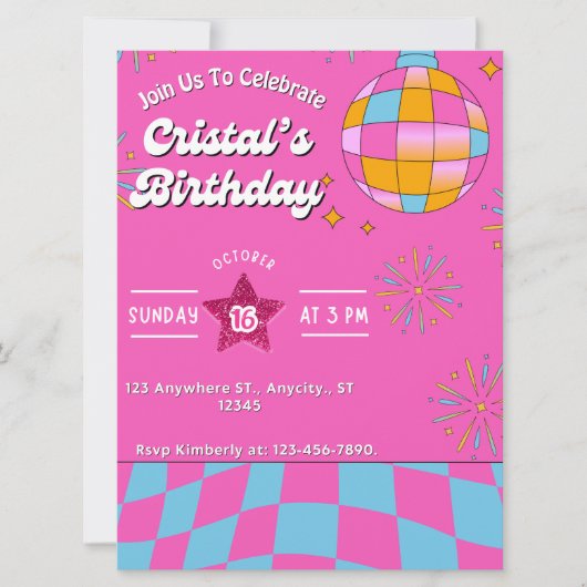 Carte Parties scintillant rose Retro Poupée Anniversaire (Devant)