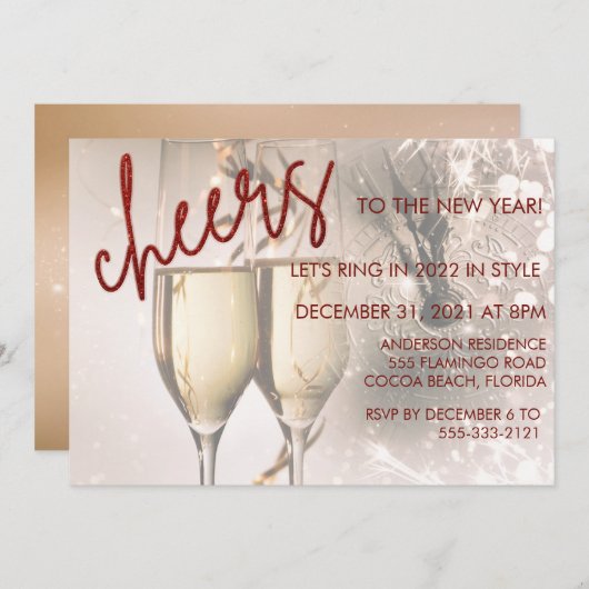 Carte Parties scintillant rouge Script de la nouvelle an (Devant / Derrière)