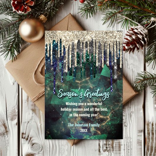 Carte Parties scintillant turquoise chic gouttes Noël no