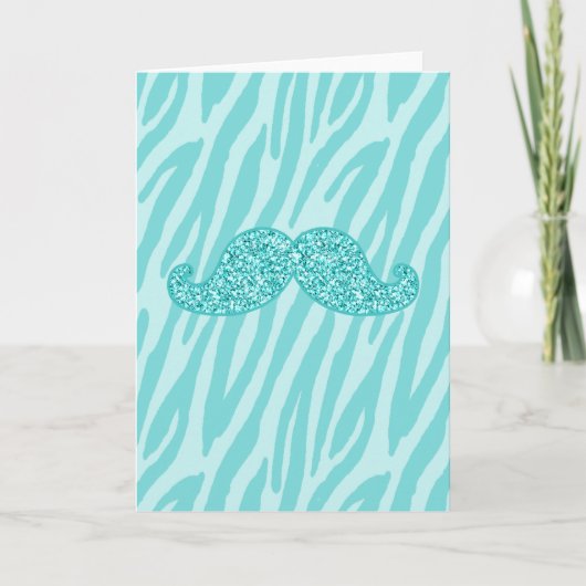 Carte Parties scintillant TURQUOISE FILLE MUSTACHE ZEBRA (Devant)