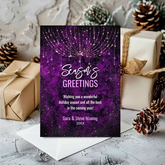 Carte Parties scintillant violet chic lumières de Noël n