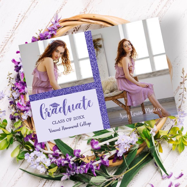 Carte Parties scintillant violet Diplômé Simple 2 Photos (Créateur téléchargé)