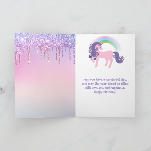 Carte Parties scintillant violet et rose Unicorn Sweets (Intérieur)