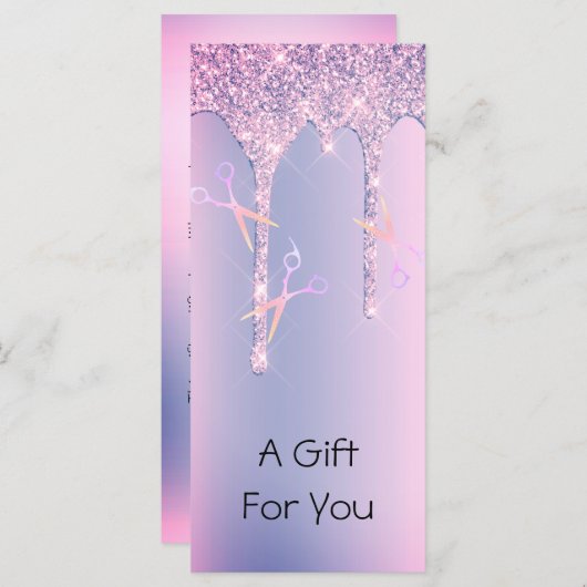 Carte Parties scintillant violet gouttes cheveux ciseaux (Devant / Derrière)