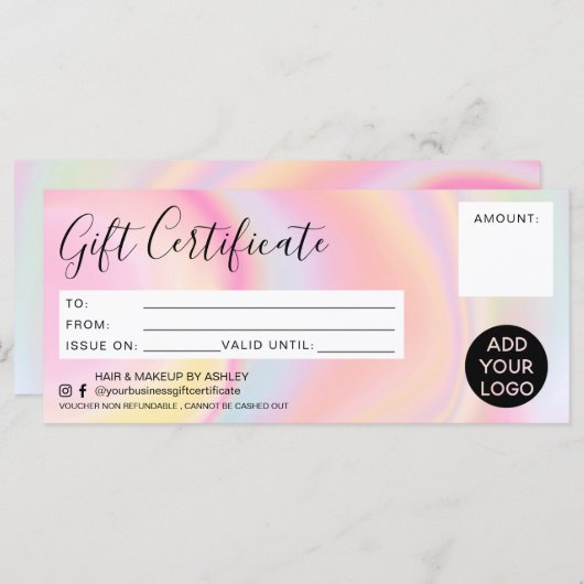 Carte Pastel arc-en-ciel marbre rose logo cadeau certifi (Devant / Derrière)