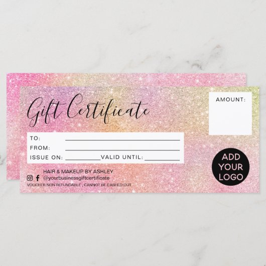 Carte Pastel arc-en-ciel parties scintillant rose certif (Devant / Derrière)