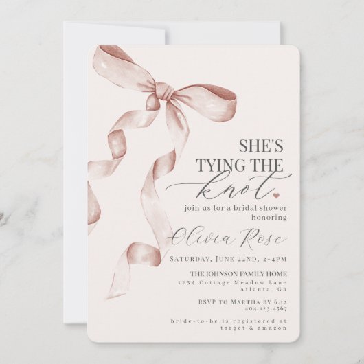 Carte Pastel Beige Coquette Bow Fête des mariées Invitat (Devant)