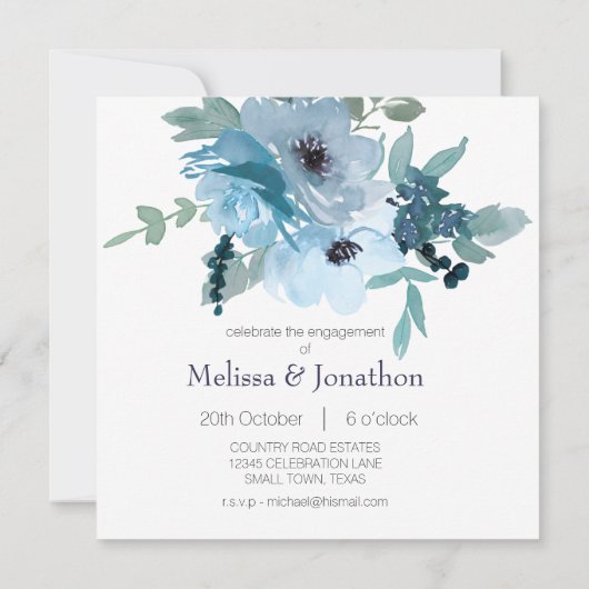Carte Pastel Blue Aquarelle Rose Élégant Fiançailles (Dos)
