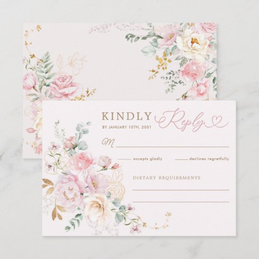 Carte Pastel Blush Floral Greenery Mariage RSVP (Devant / Derrière)