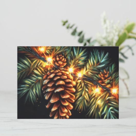 Carte Pastel Noël Chaîne Lumière Pinecone (Debout devant)