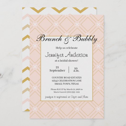Carte Pastel Peach et Gold Geometry Bridal Brunch (Devant / Derrière)