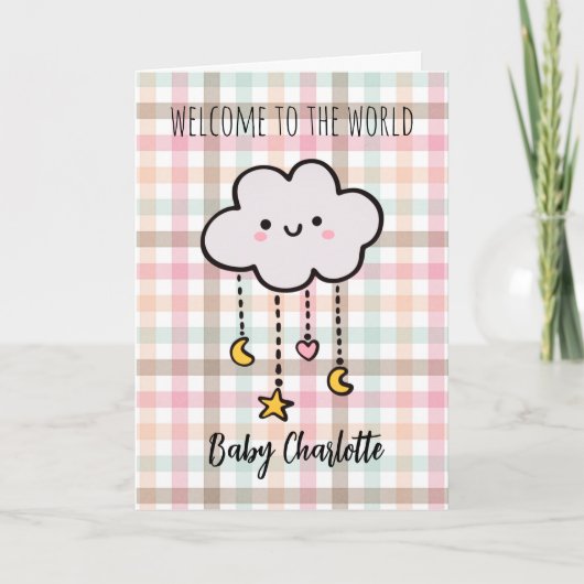 Carte Pastel Plaid Cloud Bienvenue bébé fille (Devant)