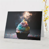 Carte Pastel Rainbow Fire Anniversaire Cupcake (Fleur jaune)