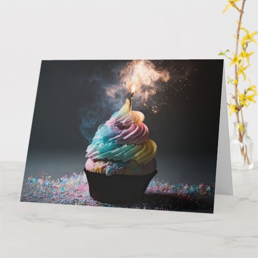 Carte Pastel Rainbow Fire Anniversaire Cupcake (Fleur jaune)