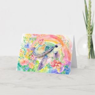 Carte Pastel Rainbow Watercolor Floral Sea Turtle