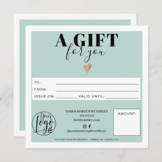 Carte Pastel turquoise bleu carré certificat cadeau logo (Devant / Derrière)