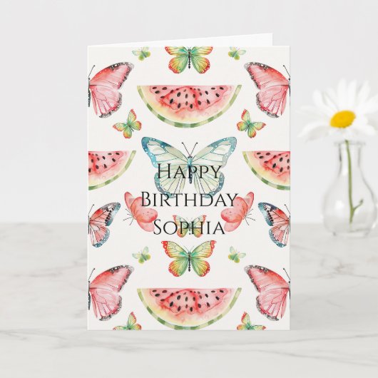 Carte Pastèque verte rouge papillons bleus anniversaire (Petite plante)