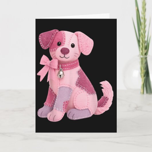 Carte Patchwork Chien Ruban Rose Sensibilisation au Canc (Devant)