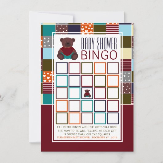 Carte Patchwork Teddy Bear, Baby shower Bingo (Devant)