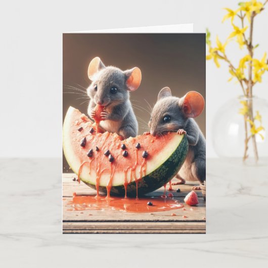 Carte Pâte d'anniversaire Mice mangeant (Fleur jaune)