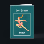 Carte Patinage artistique vintage en rose Joyeux anniver<br><div class="desc">Image vintage de style rétro d'une patineuse artistique féminine. Vêtu d'une tenue élégante et soyeux de patinage artistique rose corail. Avec des patins coralliens roses et de longs gants élégants. Sa longue queue de cheval brune se balançant en l'air alors qu'elle saute haut, dans une pose classique de patineur artistique....</div>