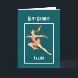 Carte Patinage artistique vintage en rose Joyeux anniver<br><div class="desc">Image vintage de style rétro d'une patineuse artistique féminine. Vêtu d'une tenue élégante et soyeux de patinage artistique rose corail. Avec des patins coralliens roses et de longs gants élégants. Sa longue queue de cheval brune se balançant en l'air alors qu'elle saute haut, dans une pose classique de patineur artistique....</div>