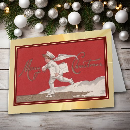 Carte Patinage Livraison de Noël Garçon Vacances Vintage