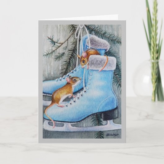 Carte Patins à glace bleus et souris maison de vacances (Devant)