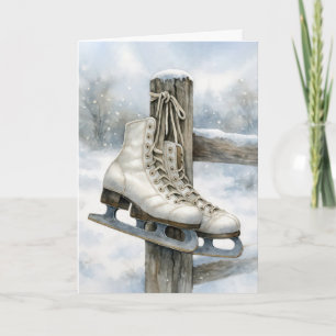 Carte Patins à glace vintage de Noël sur un poteau de cl
