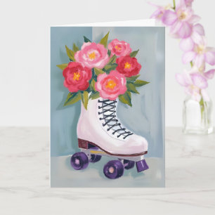 Carte Patins à roulettes Bouquet de roses Peinture