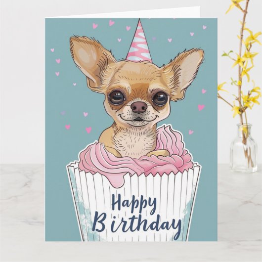 Carte Patte de Cupcake de Dessin Animé de Chihuahua (Fleur jaune)