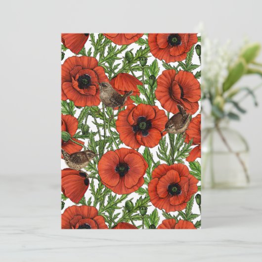 Carte Pavot rouge et brindilles, feuilles verts sur blan (Debout devant)