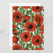 Carte Pavot rouge et brindilles, feuilles verts sur blan (Devant / Derrière)