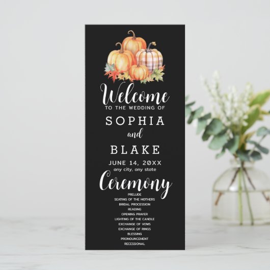 Carte Pays Citrouilles Plaid Fall Black Wedding Programm (Debout devant)