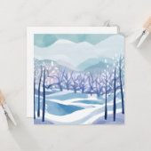 Carte Paysage d'hiver bleu enneigé Peinture à l'aquarell (Devant/Arrière en situation)