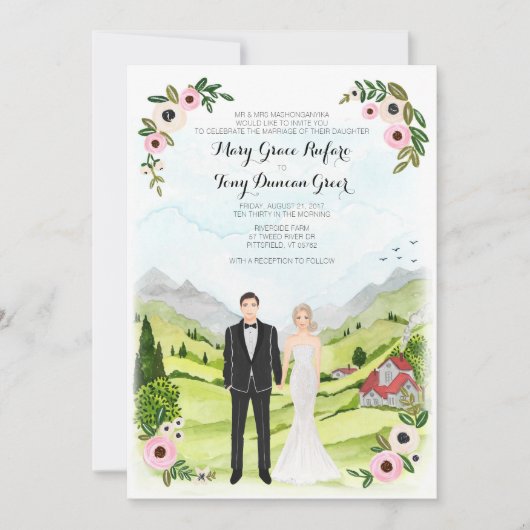Carte Paysage Mariage de Portrait Illustré Couple (Devant)