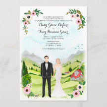 Carte Paysage Mariage de Portrait Illustré Couple