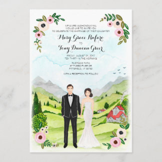 Carte Paysage Mariage de Portrait Illustré Couple