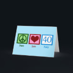 Carte Peace Love 40e anniversaire mignonne fête<br><div class="desc">Peace Love Quarty. Un joli signe de paix,  coeur,  et le numéro 40 en bleu magnifique pour une fête de quarantième anniversaire.</div>