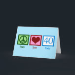 Carte Peace Love 40e anniversaire mignonne fête<br><div class="desc">Peace Love Quarty. Un joli signe de paix,  coeur,  et le numéro 40 en bleu magnifique pour une fête de quarantième anniversaire.</div>