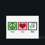 Carte Peace Love Math Enseignant Cute Algebra<br><div class="desc">Quelle est la racine carré de x ? Je suis doué pour résoudre des problèmes de maths. Une carte de voeux mignonne d'enseignant de maths de la classe ou d'un étudiant. Cartes Peace Love Math.</div>