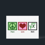 Carte Peace Love Math Enseignant Cute Algebra<br><div class="desc">Quelle est la racine carré de x ? Je suis doué pour résoudre des problèmes de maths. Une carte de voeux mignonne d'enseignant de maths de la classe ou d'un étudiant. Cartes Peace Love Math.</div>