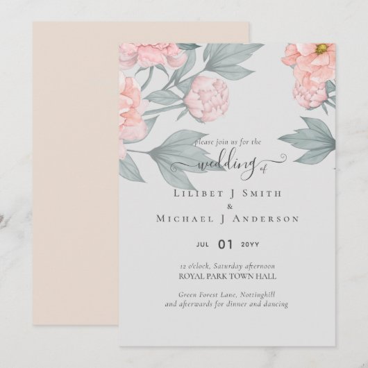 Carte Peach Peonies Sage Floral Budget Mariage (Devant / Derrière)