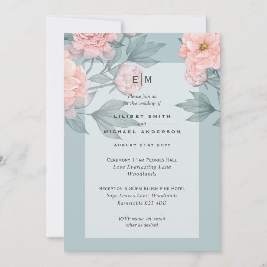Carte Peach PEONIES Sage Mariage Inviter Réception (Devant)