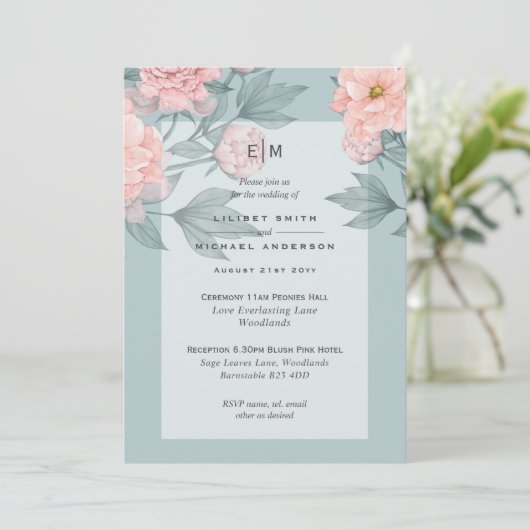 Carte Peach PEONIES Sage Mariage Inviter Réception (Debout devant)