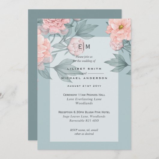 Carte Peach PEONIES Sage Mariage Inviter Réception (Devant / Derrière)