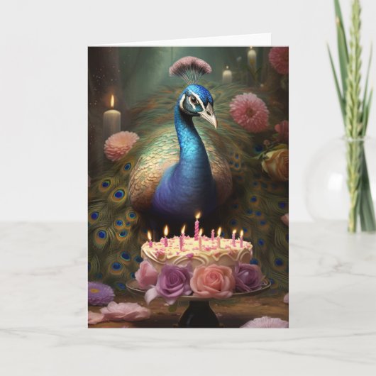 Carte Peacock avec gâteau d'anniversaire (Devant)