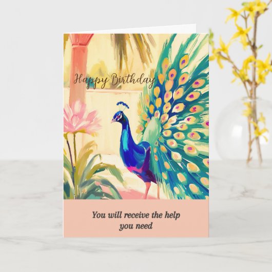 Carte peacock message happy birthday (Fleur jaune)