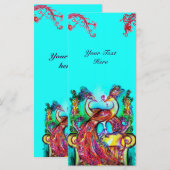 Carte PEACOCKS EN AMOUR rouge bleu turquase vert (Devant / Derrière)