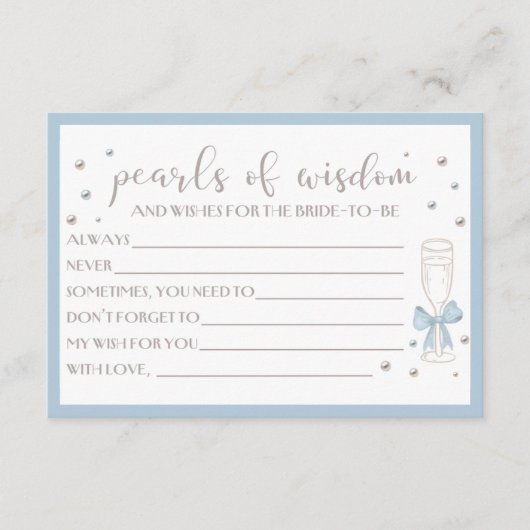 Carte Pearls and Prosecco Blue Bow Bridal Shower Card (Devant)